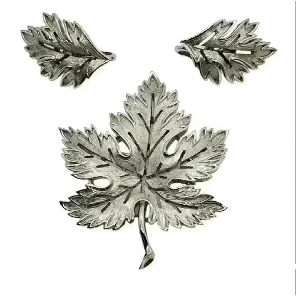 Alfred Philippe Crown Trifari Leaf Brooch Earrings Orig Set Silver Rare Vintage - Picture 1 of 8